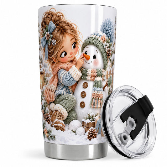 Christmas Girl and Snowman Tumbler 20oz, Playful Winter Art