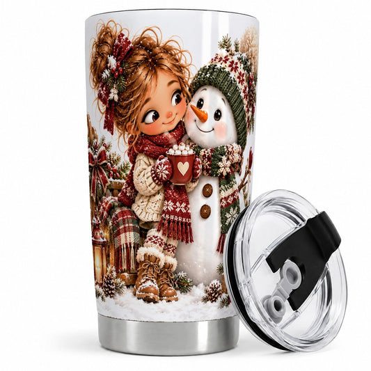 Christmas Girl and Snowman Tumbler 20oz, Hot Cocoa Artwork