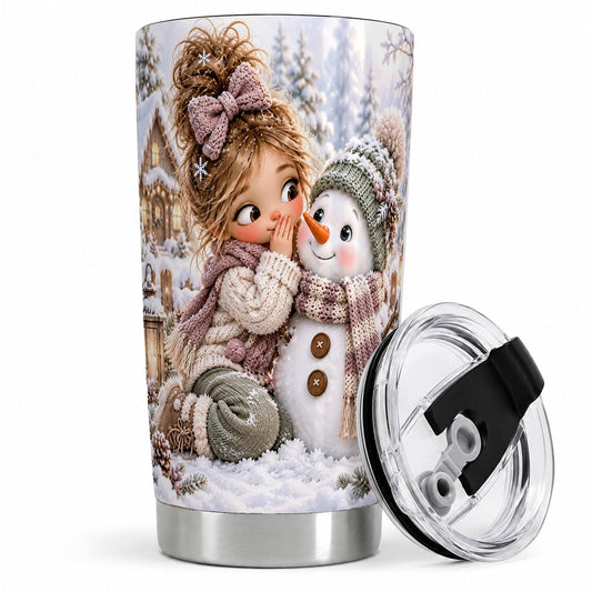 Winter Girl and Snowman Tumbler 20oz, Cozy Cottage Scene