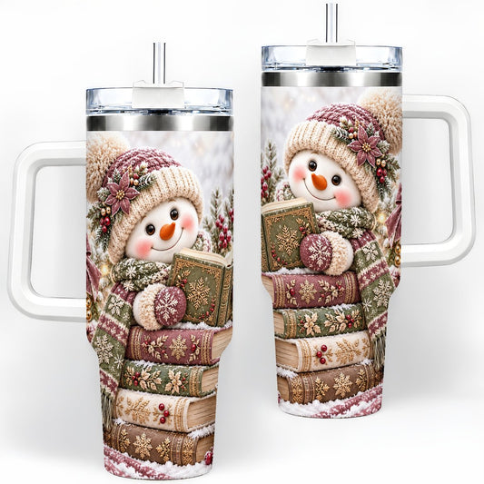 Winter Reading Snowman Tumbler 40oz, Cozy Book Art