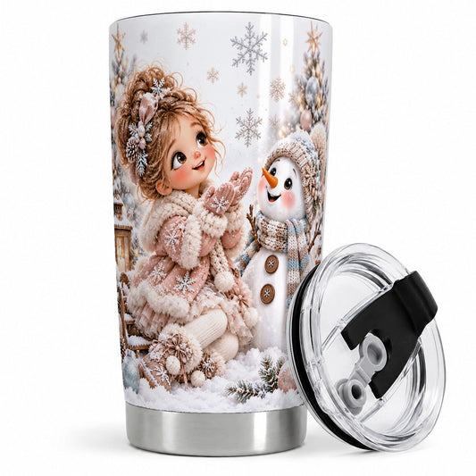 Christmas Girl and Snowman Tumbler 20oz, Snowflake Art