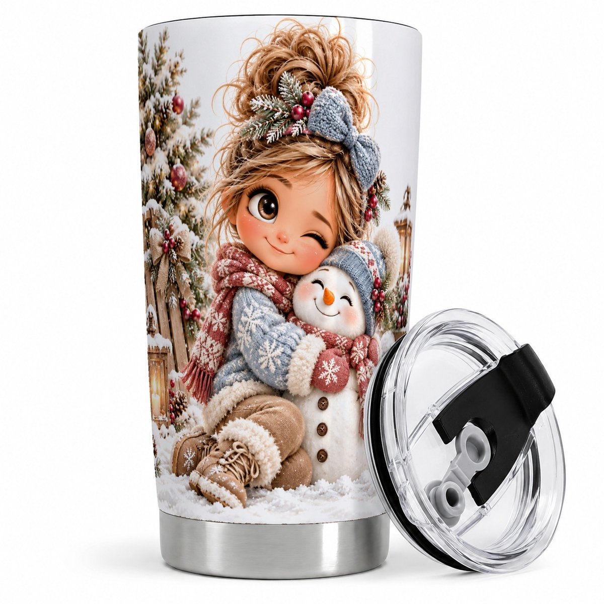 Christmas Girl Hugging Snowman Tumbler 20oz, Cozy Winter Art