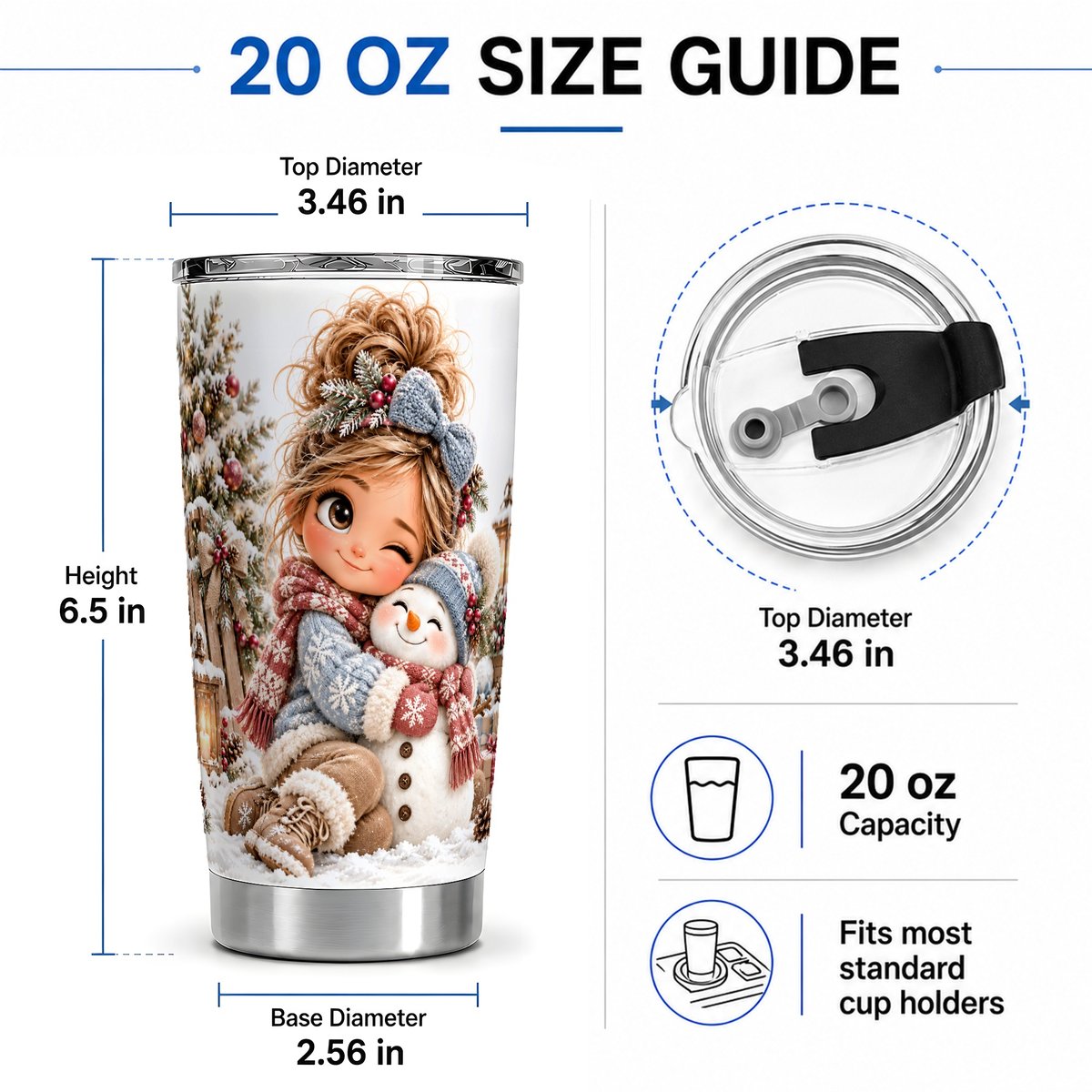 #pl[20oz|Steel] Christmas Girl Hugging Snowman Tumbler 20oz, Cozy Winter Art
