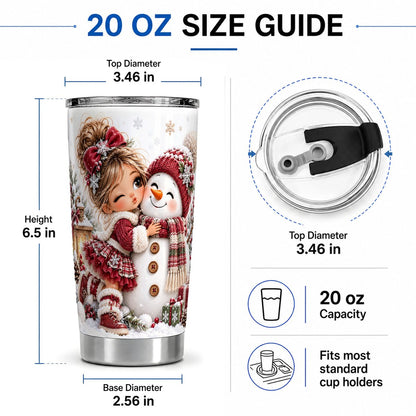 #pl[20oz|Steel] Christmas Girl Kissing Snowman Tumbler 20oz, Red Winter Art