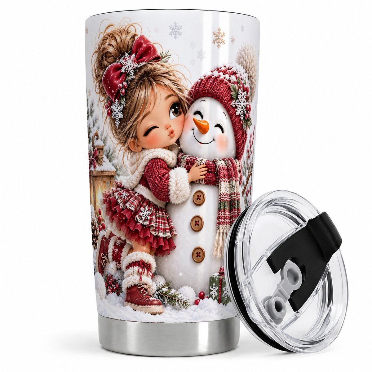 Christmas Girl Kissing Snowman Tumbler 20oz, Red Winter Art