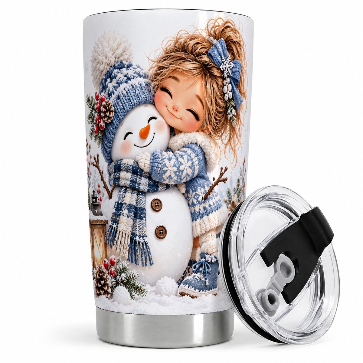 Girl Hugging Snowman Tumbler 20oz, Cozy Winter Art