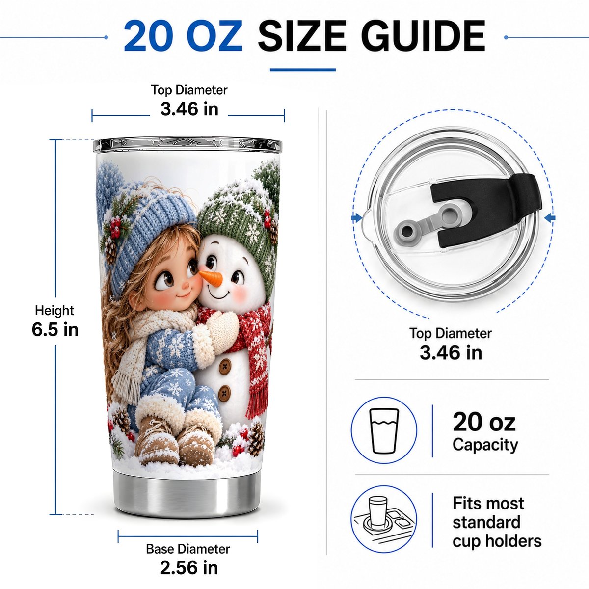 #pl[20oz|Steel] Girl and Snowman Tumbler 20oz, Winter Friendship Art