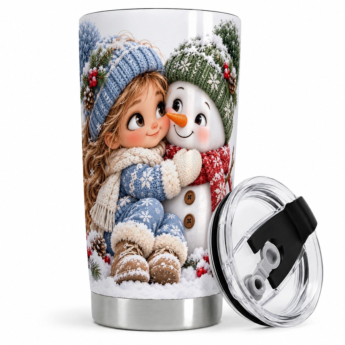 Girl and Snowman Tumbler 20oz, Winter Friendship Art