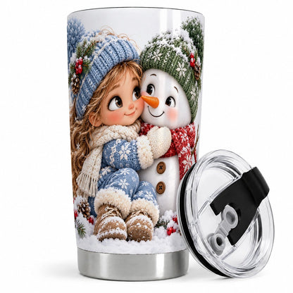 Girl and Snowman Tumbler 20oz, Winter Friendship Art