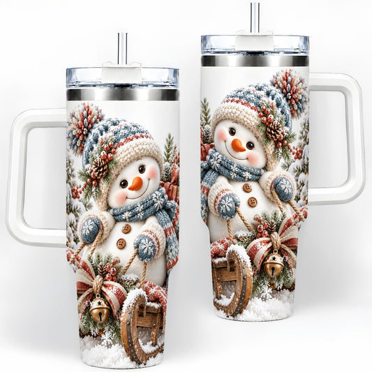 Christmas Snowman on Sled Tumbler 40oz, Winter Art