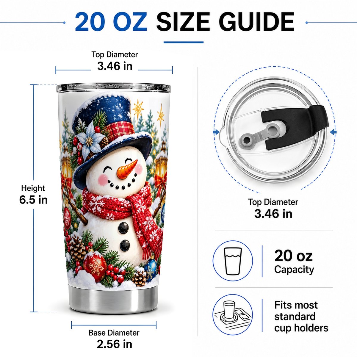 #pl[20oz|Steel] Christmas Snowman Tumbler 20oz, Festive Winter Art