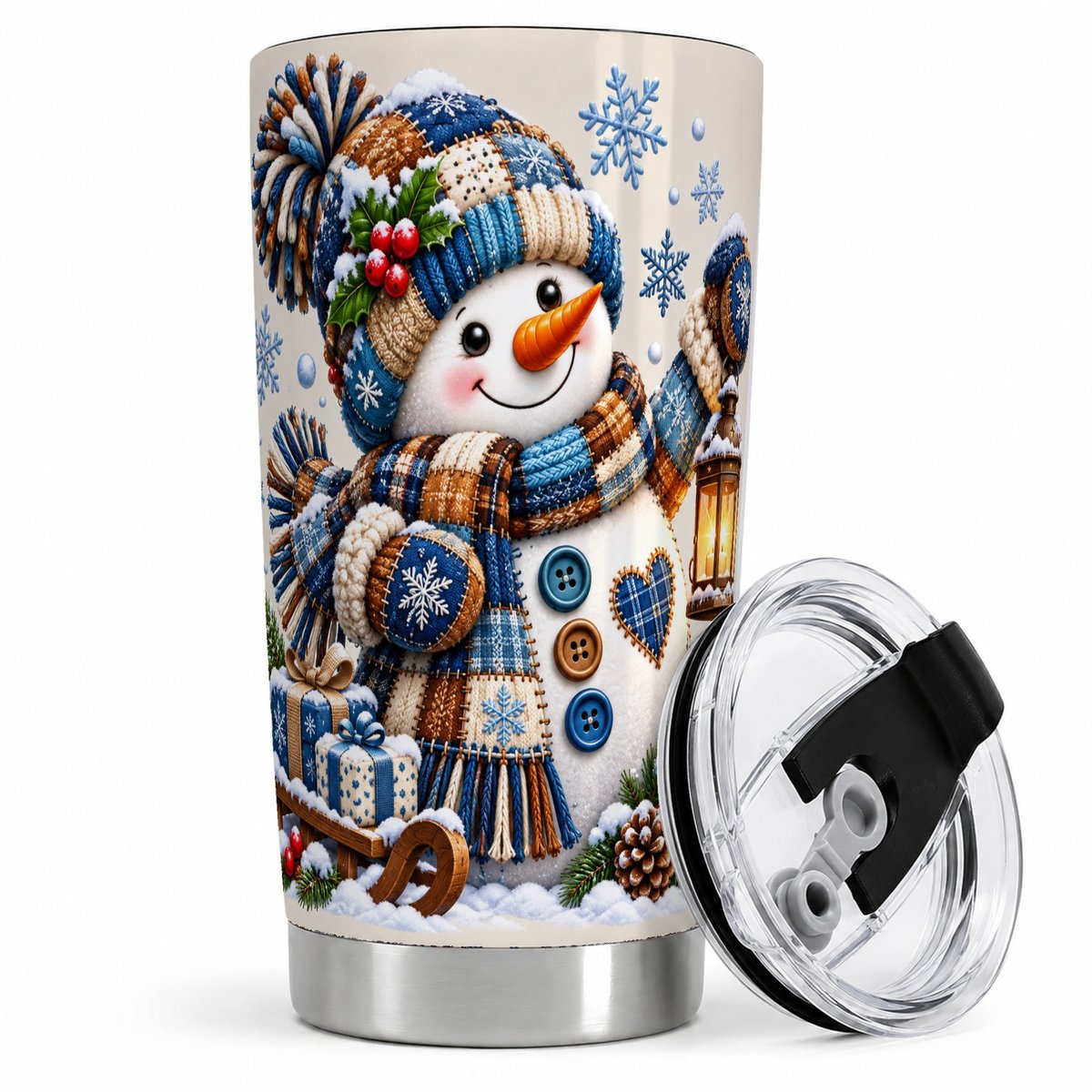 Patchwork Snowman Tumbler 20oz, Cozy Winter Art
