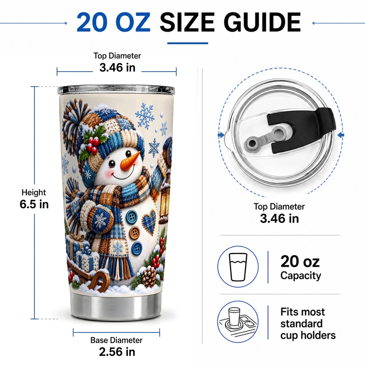 #pl[20oz|Steel] Patchwork Snowman Tumbler 20oz, Cozy Winter Art