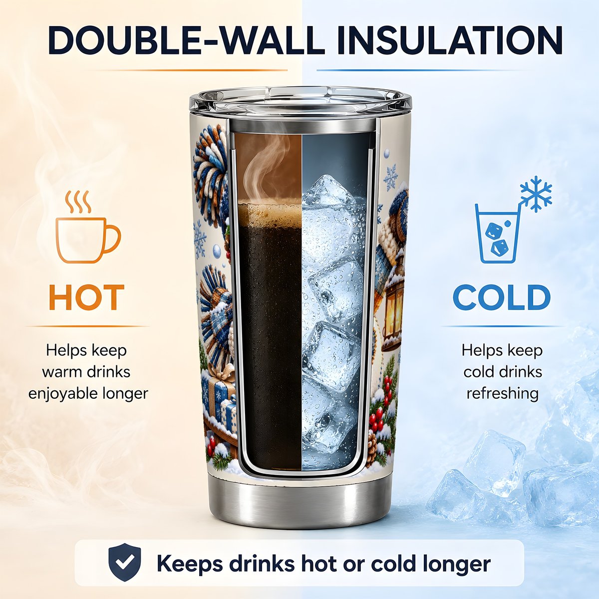 Patchwork Snowman Tumbler 20oz, Cozy Winter Art