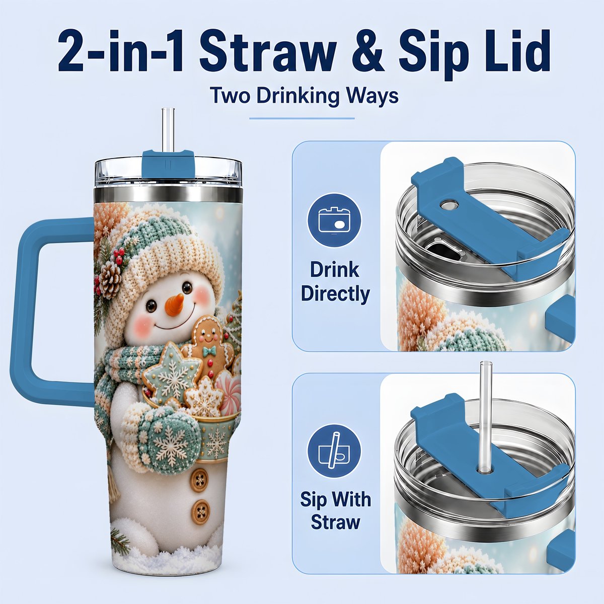 #pl[40oz|Blue] Christmas Snowman with Cookies Tumbler 40oz