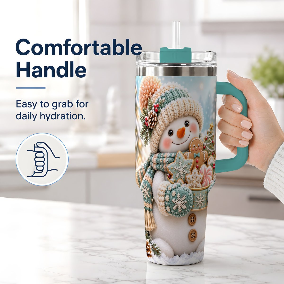 #pl[40oz|Green] Christmas Snowman with Cookies Tumbler 40oz