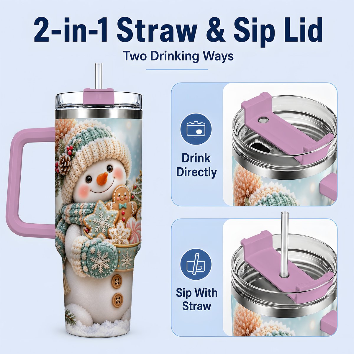 #pl[40oz|Pink] Christmas Snowman with Cookies Tumbler 40oz