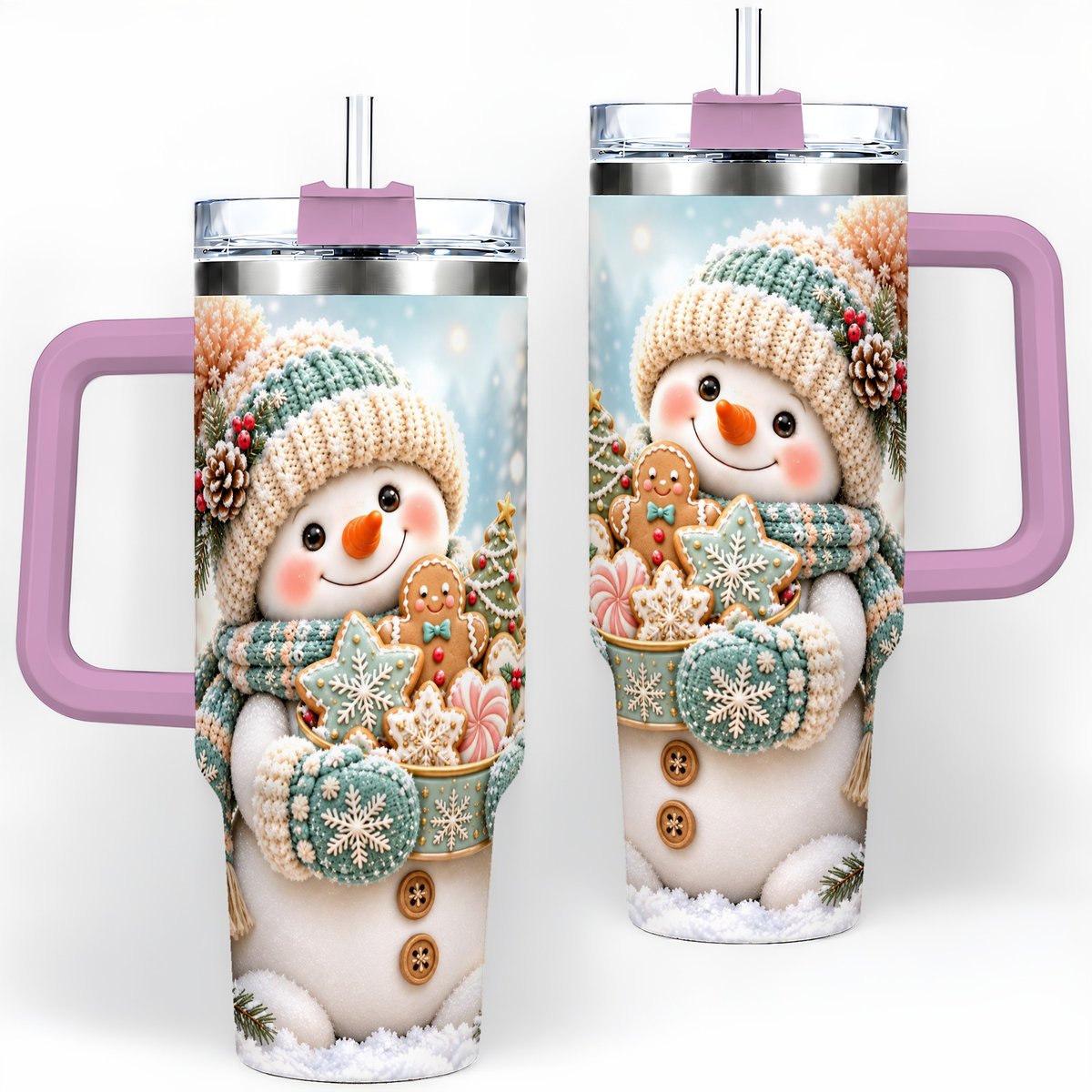 #pl[40oz|Pink] Christmas Snowman with Cookies Tumbler 40oz