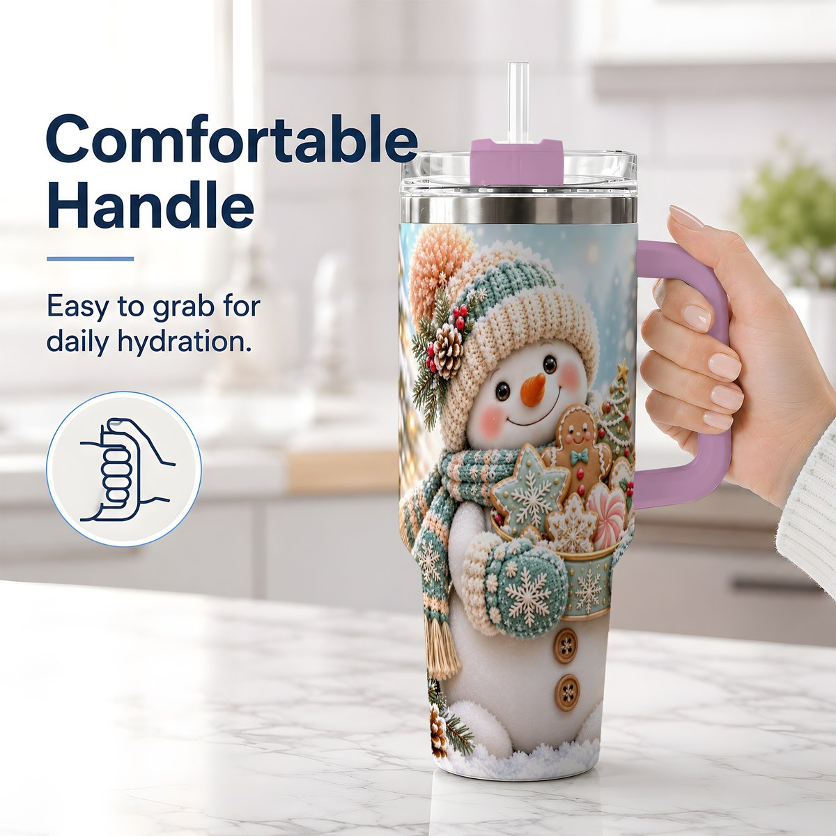 #pl[40oz|Pink] Christmas Snowman with Cookies Tumbler 40oz