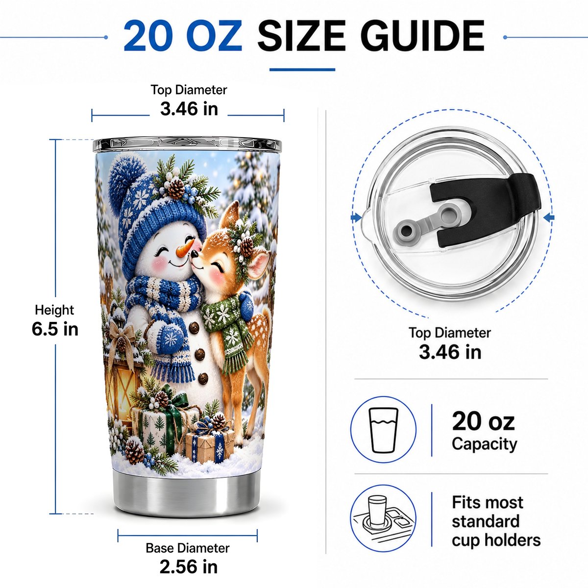 #pl[20oz|Steel] Snowman and Deer Tumbler 20oz, Winter Woodland Art