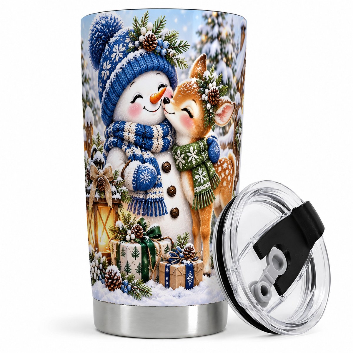 Snowman and Deer Tumbler 20oz, Winter Woodland Art