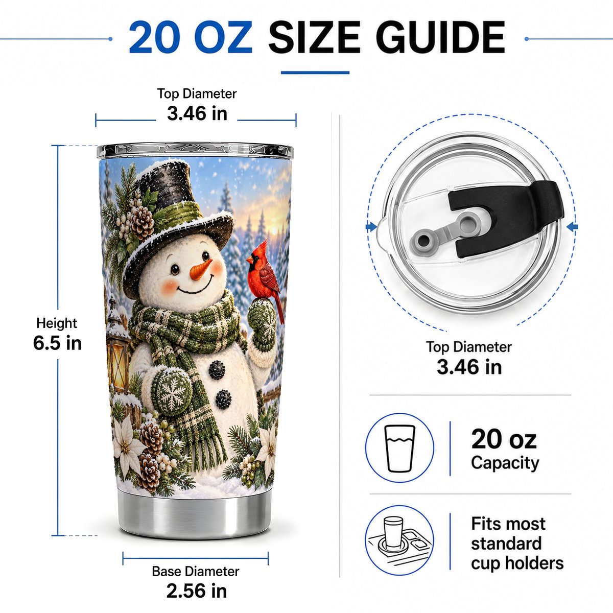 #pl[20oz|Steel] Snowman with Cardinal Tumbler 20oz, Woodland Winter Art