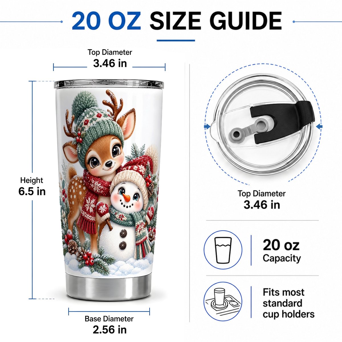 #pl[20oz|Steel] Christmas Deer and Snowman Tumbler 20oz, Winter Art