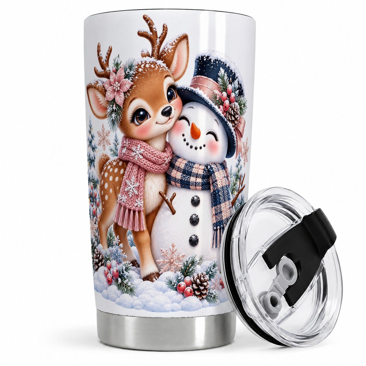 Christmas Reindeer and Snowman Tumbler 20oz, Winter Art