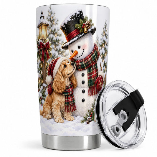 Christmas Snowman and Dog Tumbler 20oz, Snowy Forest Art