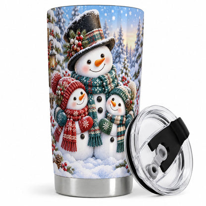 Christmas Snowman Family Tumbler 20oz, Snowy Forest Scene