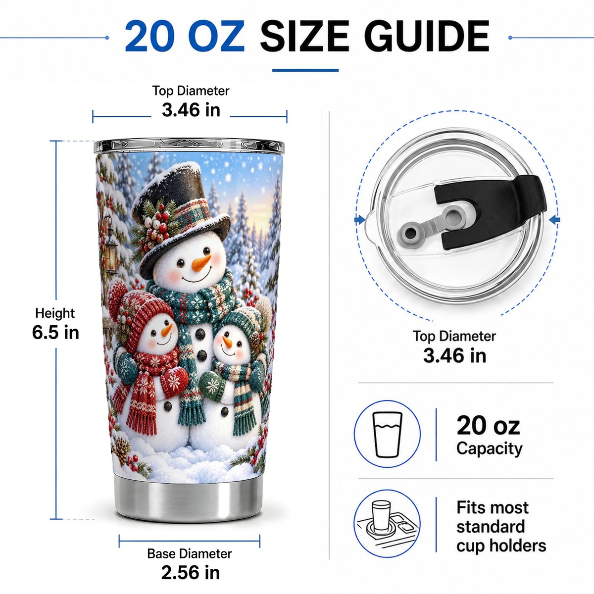 #pl[20oz|Steel] Christmas Snowman Family Tumbler 20oz, Snowy Forest Scene
