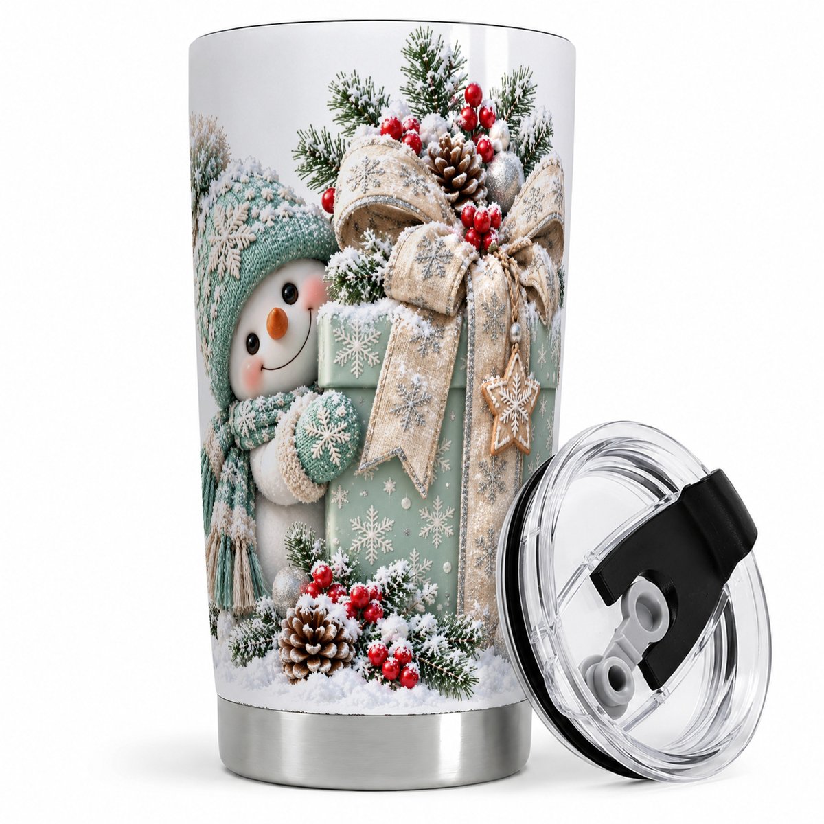 Christmas Snowman and Wrapped Box Tumbler 20oz, Winter Art
