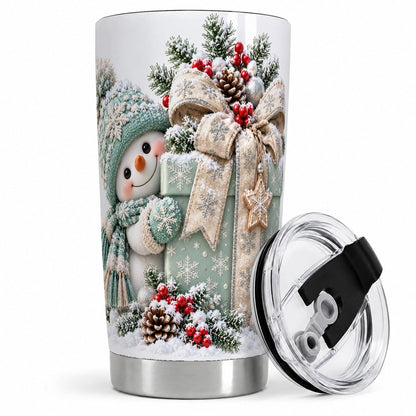 Christmas Snowman and Wrapped Box Tumbler 20oz, Winter Art