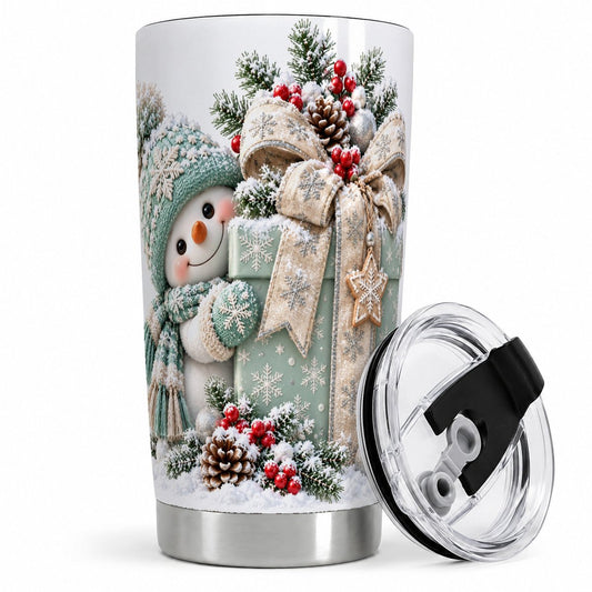 Christmas Snowman and Wrapped Box Tumbler 20oz, Winter Art