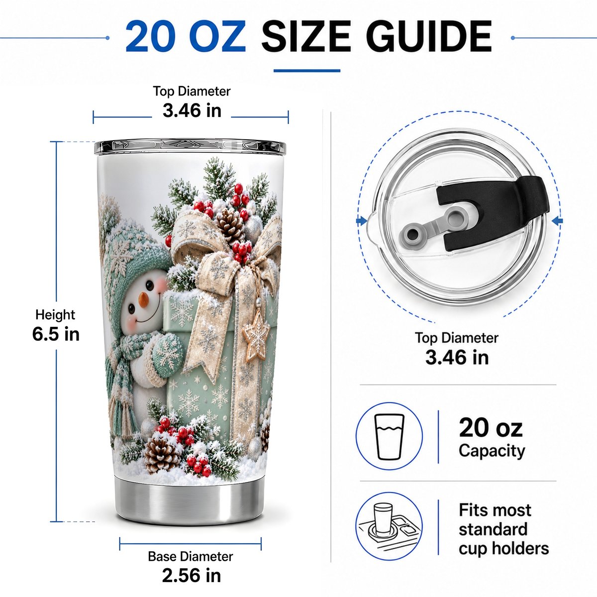 #pl[20oz|Steel] Christmas Snowman and Wrapped Box Tumbler 20oz, Winter Art