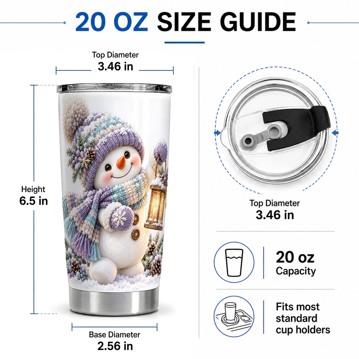 #pl[20oz|Steel] Winter Snowman with Lantern Tumbler 20oz, Pastel Illustration