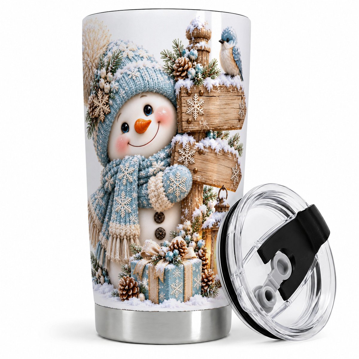 Winter Snowman with Wooden Signpost Tumbler 20oz, Snowy Scene