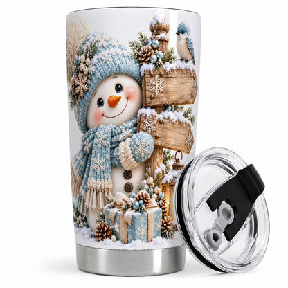 Winter Snowman with Wooden Signpost Tumbler 20oz, Snowy Scene
