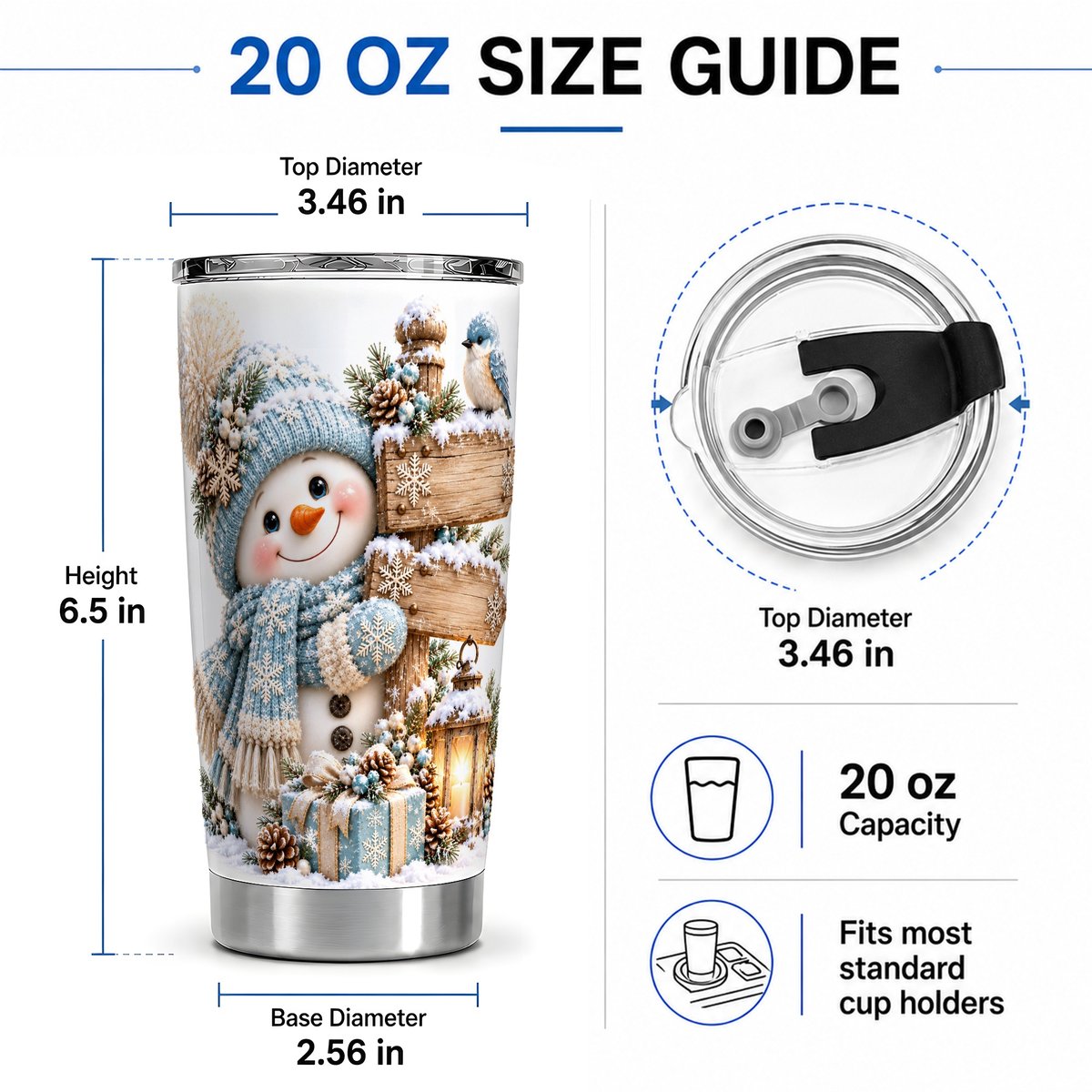 #pl[20oz|Steel] Winter Snowman with Wooden Signpost Tumbler 20oz, Snowy Scene