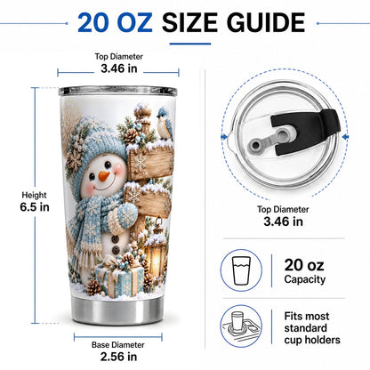 #pl[20oz|Steel] Winter Snowman with Wooden Signpost Tumbler 20oz, Snowy Scene