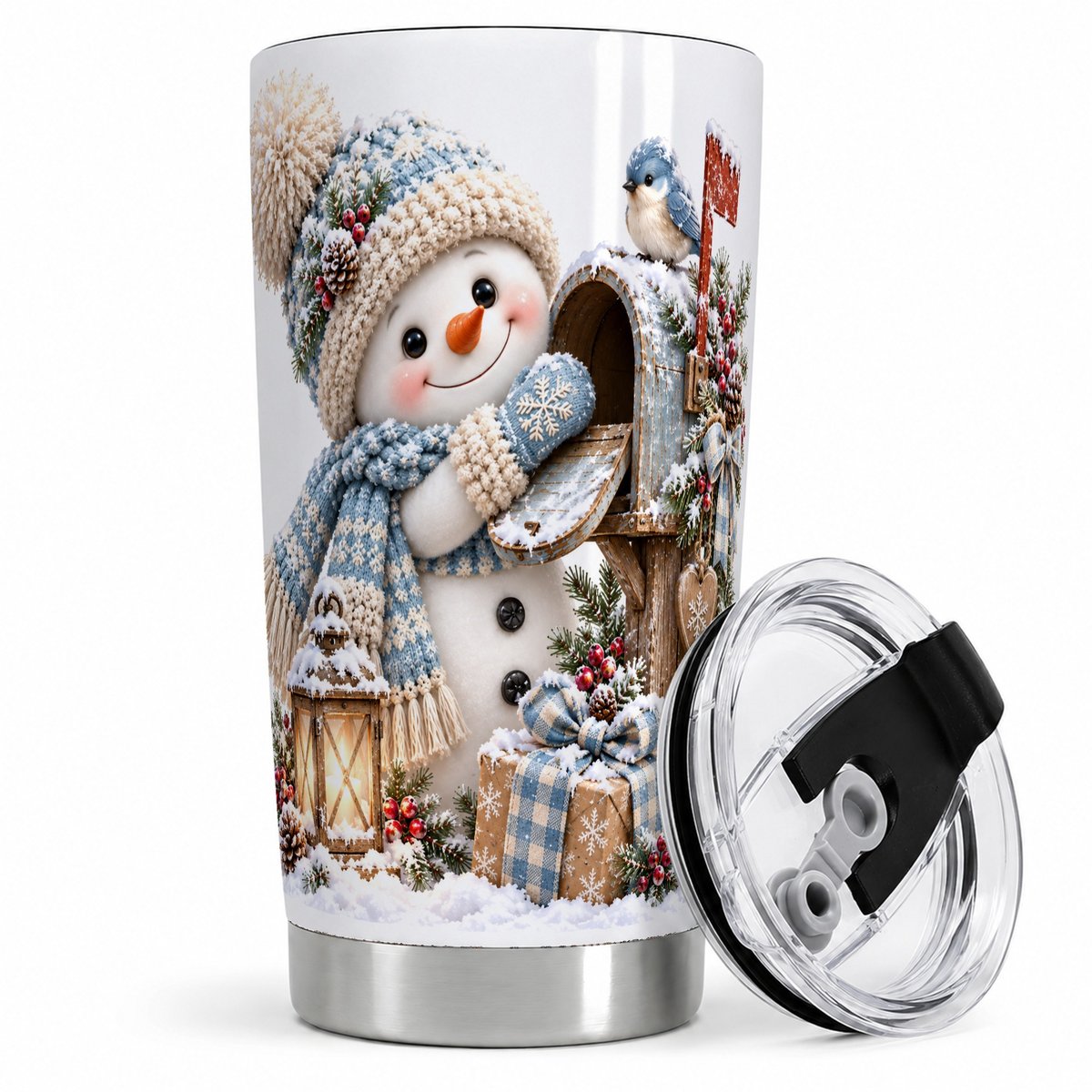 Winter Snowman and Mailbox Tumbler 20oz, Rustic Winter Art