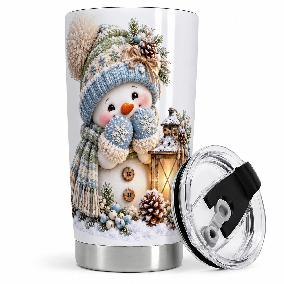 Winter Snowman with Glowing Lantern Tumbler 20oz