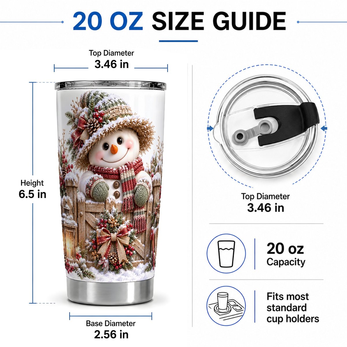 #pl[20oz|Steel] Christmas Snowman at Rustic Fence Tumbler 20oz, Winter Art