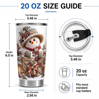 #pl[20oz|Steel] Christmas Snowman at Rustic Fence Tumbler 20oz, Winter Art