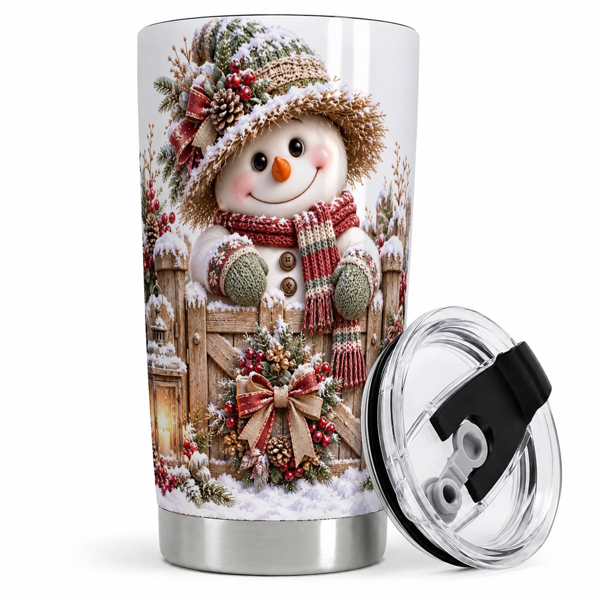 Christmas Snowman at Rustic Fence Tumbler 20oz, Winter Art
