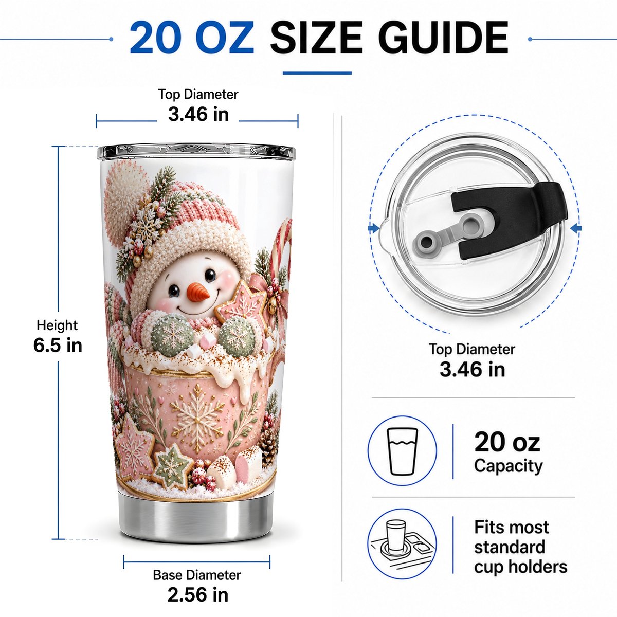 #pl[20oz|Steel] Christmas Snowman Tumbler 20oz, Hot Cocoa Illustration