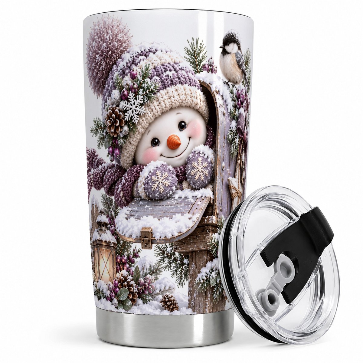 Winter Snowman Tumbler 20oz, Snowy Mailbox Scene
