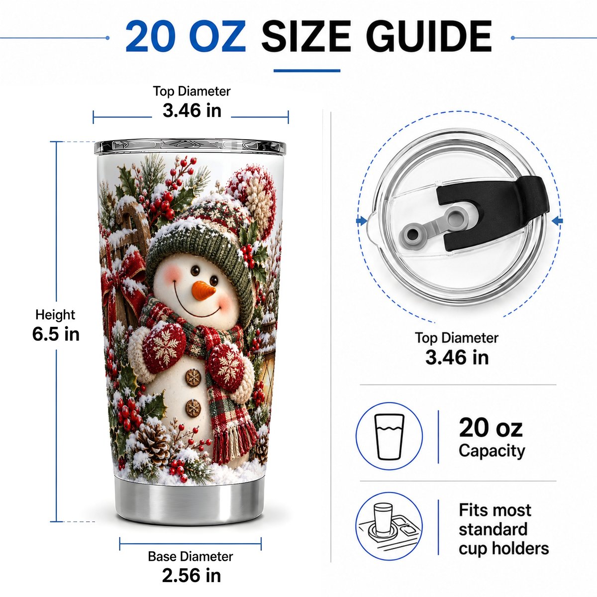 #pl[20oz|Steel] Christmas Snowman Tumbler 20oz, Rustic Sled Scene