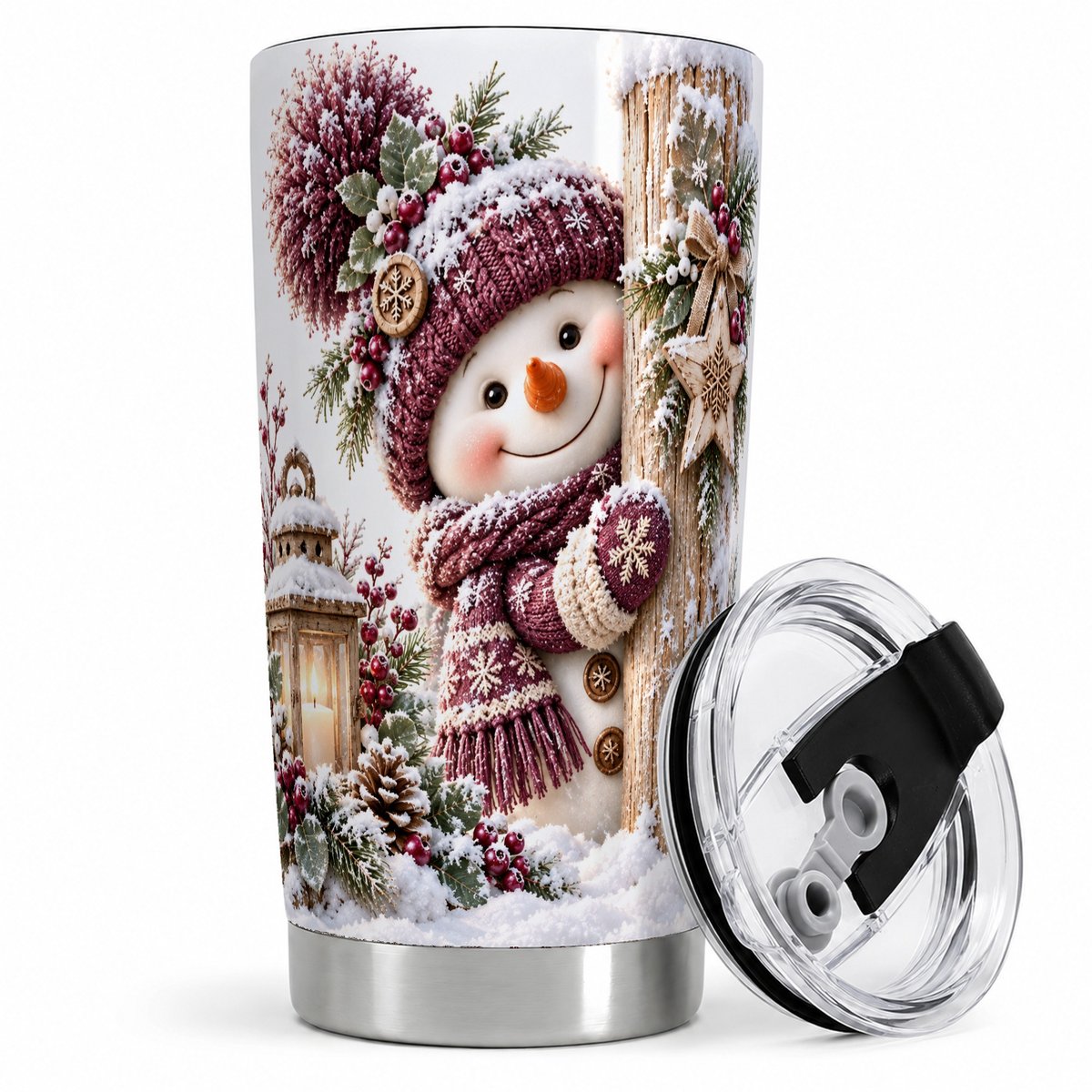 Winter Snowman Tumbler 20oz, Rustic Wooden Post Art