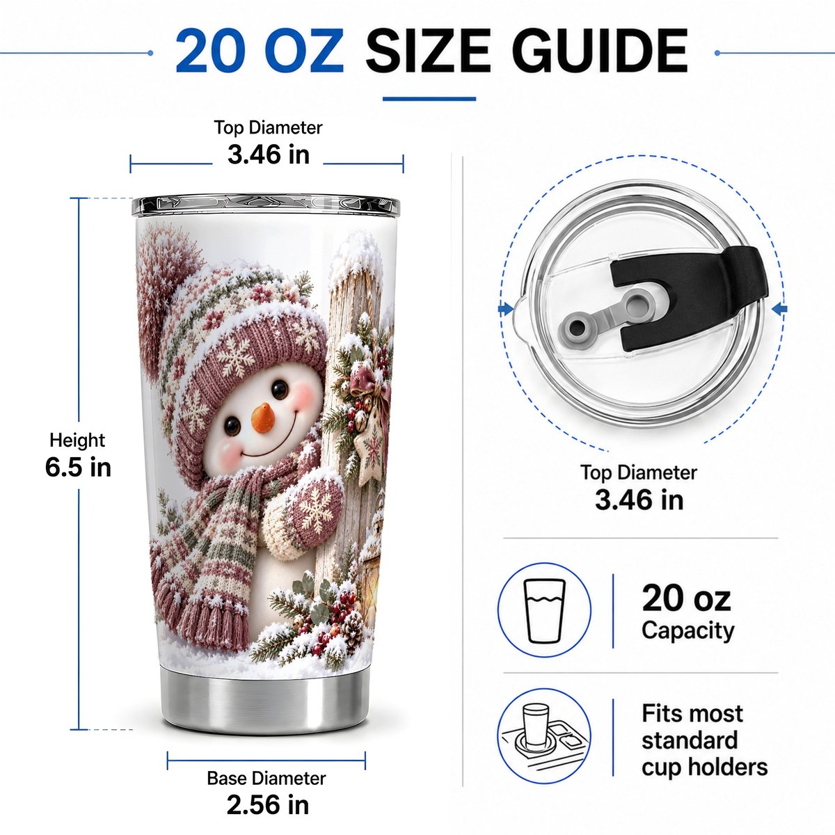 #pl[20oz|Steel] Christmas Snowman Tumbler 20oz, Snowy Fence Art